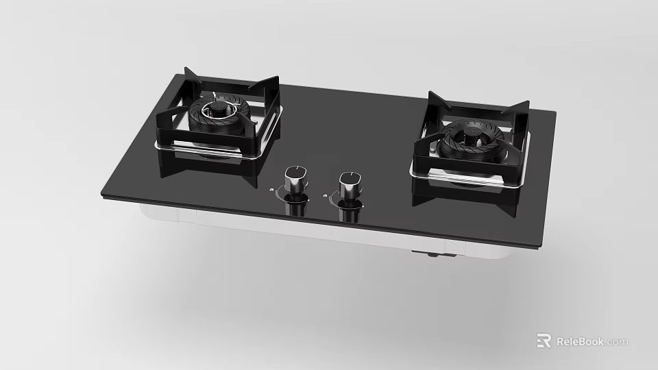 Modern Kitchen Gas Stove With Double Burners Black Glass Panel And Control Knobs 3d model