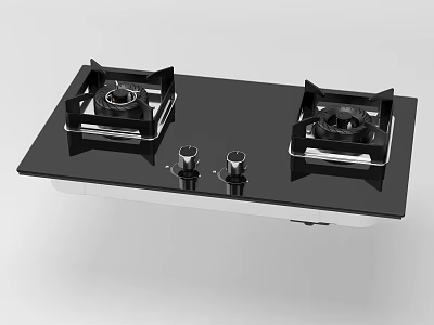 Modern Kitchen Gas Stove With Double Burners Black Glass Panel And Control Knobs 3d model