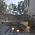 Garden Landscape With Outdoor Dining Area Wooden Table Chairs Trees And Lush Greenery