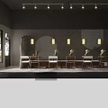 Modern Restaurant Interior Featuring Long Dining Table White Chairs Pendant Lights Arched Wall Flower Arrangements