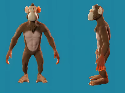 Game Movie Character Monkey 3D Model Brown Fur Light Belly Standing Pose Front Side Views 3d model