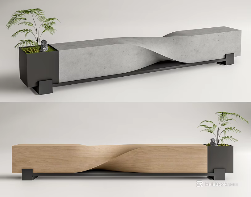 Outdoor Chair Featuring Concrete and Wooden Wavy Design with Small Planter Holding Green Plants 3d model 