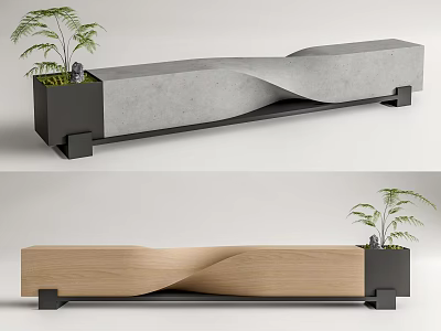 Outdoor Chair Featuring Concrete and Wooden Wavy Design with Small Planter Holding Green Plants 3d model