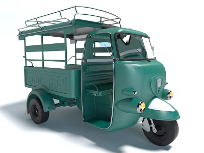 Green Three Wheeled Utility Vehicle With Roof Rack And Open Door 3d model