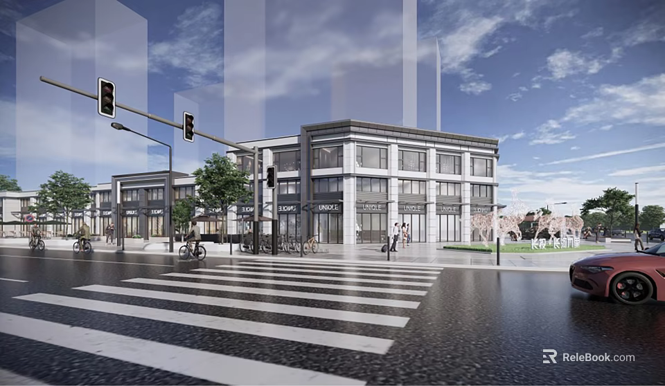 Modern Commercial Street With Urban Architecture Glass Windows Traffic Lights Zebra Crossing And Pedestrians 3d model 