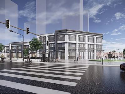 Modern Commercial Street With Urban Architecture Glass Windows Traffic Lights Zebra Crossing And Pedestrians 3d model
