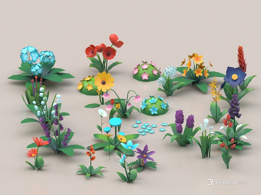 3D Rendered Colorful Various Flowers And Plants With Green Leaves And Decorative Blooms 3d model 