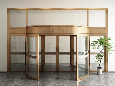 Elegant Gold Framed Glass Revolving Door With Green Plant And Marble Floor Interior 3d model