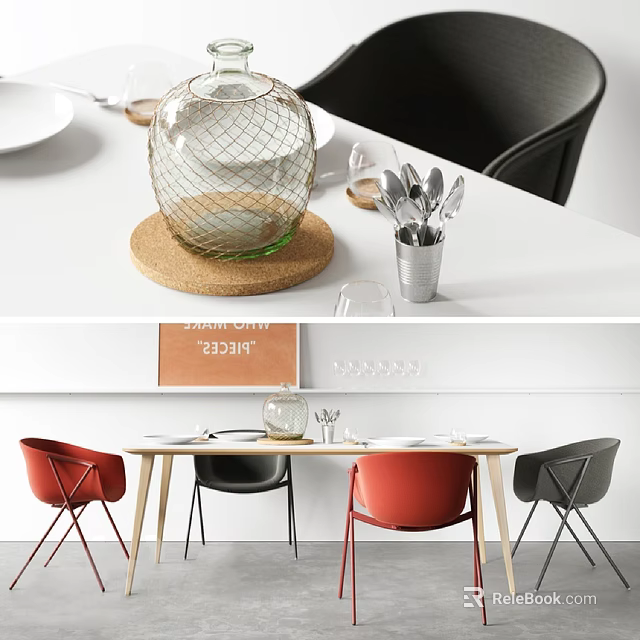 Modern Dining Table Set With Wooden Top Red Black Chairs Glass Vase And Silver Utensils 3d model 