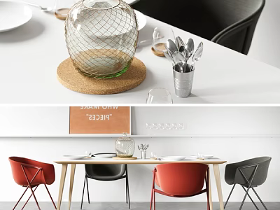 Modern Dining Table Set With Wooden Top Red Black Chairs Glass Vase And Silver Utensils 3d model