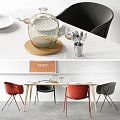 Modern Dining Table Set With Wooden Top Red Black Chairs Glass Vase And Silver Utensils
