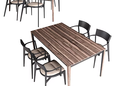 Modern Wooden Striped Dining Table Set With Black Frame Beige Upholstered Chairs 3d model