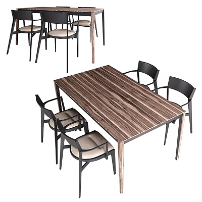 Modern Wooden Striped Dining Table Set With Black Frame Beige Upholstered Chairs 3d model