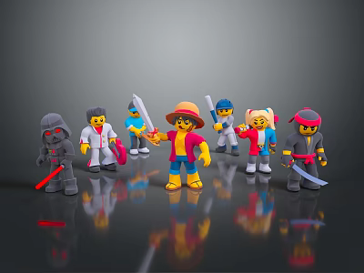 Lego Minifigures As Daily Life Toys With Colorful Designs Holding Weapons On Black Background Reflections 3d model