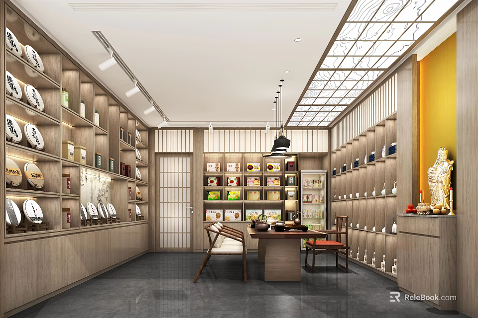 Specialty Store Interior With Wooden Shelves Displaying Products Lighting Tables And Chairs 3d model 