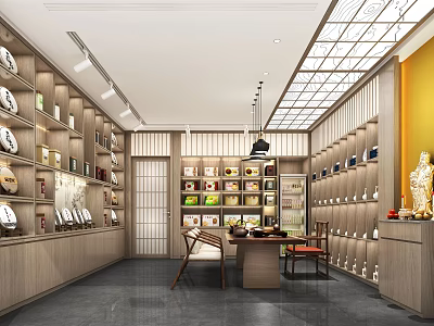 Specialty Store Interior With Wooden Shelves Displaying Products Lighting Tables And Chairs 3d model