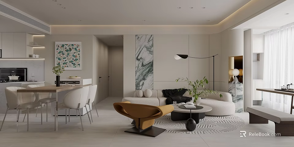 Modern Living and Dining Room Interior With Sofa Dining Table Chairs and Floor Lamp 3d model 