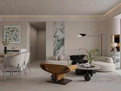 Modern Living and Dining Room Interior With Sofa Dining Table Chairs and Floor Lamp 3d model