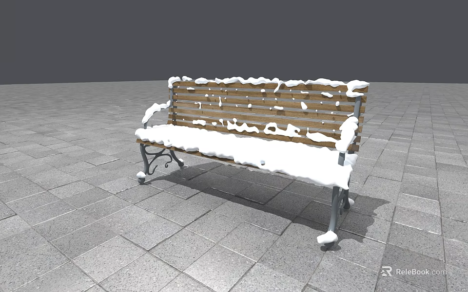 Outdoor Wooden Bench Covered with Snow with Metal Frame on Stone Pavement 3d model 