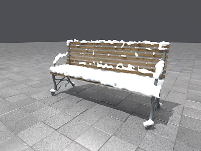 Outdoor Wooden Bench Covered with Snow with Metal Frame on Stone Pavement 3d model