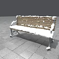 Outdoor Wooden Bench Covered with Snow with Metal Frame on Stone Pavement