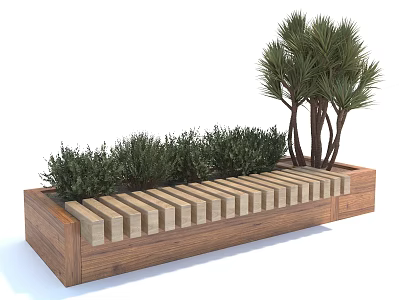 Public Facility Wooden Long Planter With Green Bushes And Trees In Urban Park 3d model