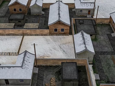 Aerial View Traditional Village Scenery With Snow Covered White Roofs Earth Walls And Paths 3d model