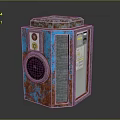Vintage Computer Device With Blue Red Rusty Textured Surface And Circular Grille Panel