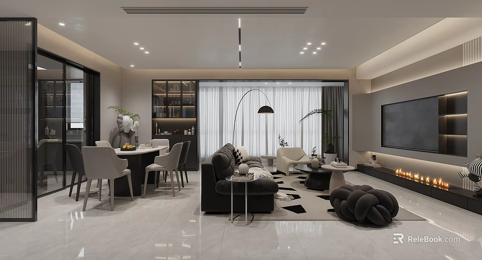 Modern Living And Dining Room Interior With Sofa Dining Table Floor Lamp And Fireplace 3d model 