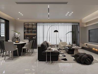Modern Living And Dining Room Interior With Sofa Dining Table Floor Lamp And Fireplace 3d model