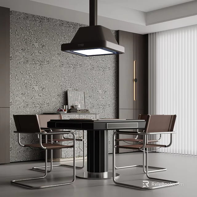 Modern Mahjong Room Interior With Stylish Table Comfortable Chairs Patterned Wall Pendant Light White Blinds 3d model 