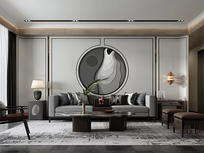 Modern Living and Dining Room Interior With Gray Sofa Circular Decorative Painting And Coffee Table 3d model