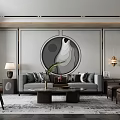 Modern Living and Dining Room Interior With Gray Sofa Circular Decorative Painting And Coffee Table