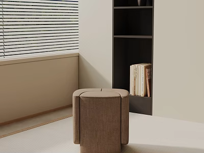 Modern Brown Textured Side Table Near Bookshelf With Books By Window With Blinds 3d model