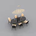 Modern Oval Dining Table Set With Upholstered Chairs And Crystal Chandelier 3d model