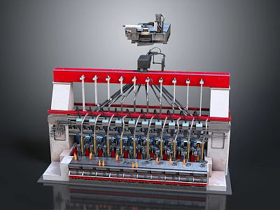 Industrial Multi Arm Manufacturing Machinery With Red White Frame And Automated Units 3d model
