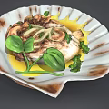Roasted Chicken Dish with Fresh Basil Parsley and Yellow Sauce on Shell Shaped Plate