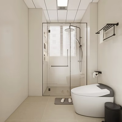 White Minimalist Bathroom Interior With Glass Shower Enclosure Toilet Towel Rack And Slippers 3d model
