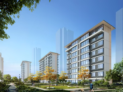 Modern Residential Buildings With Lush Green Spaces And Clear Sky 3d model