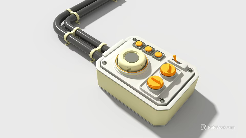 Industrial Control Panel With Black Pipes Yellow Knobs And White Casing 3d model