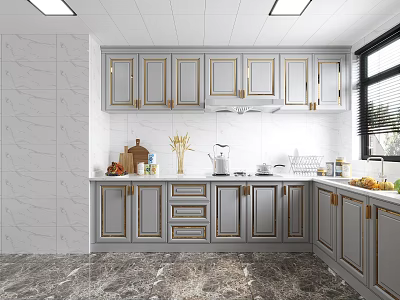 Modern Luxury Light Gray Kitchen With Gold Trim Cabinets And Premium Marble Tile Interior Design 3d model