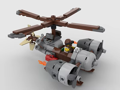 Building Block Helicopter With Brown Rotors Twin Engines Gray Body And Minifigure 3d model