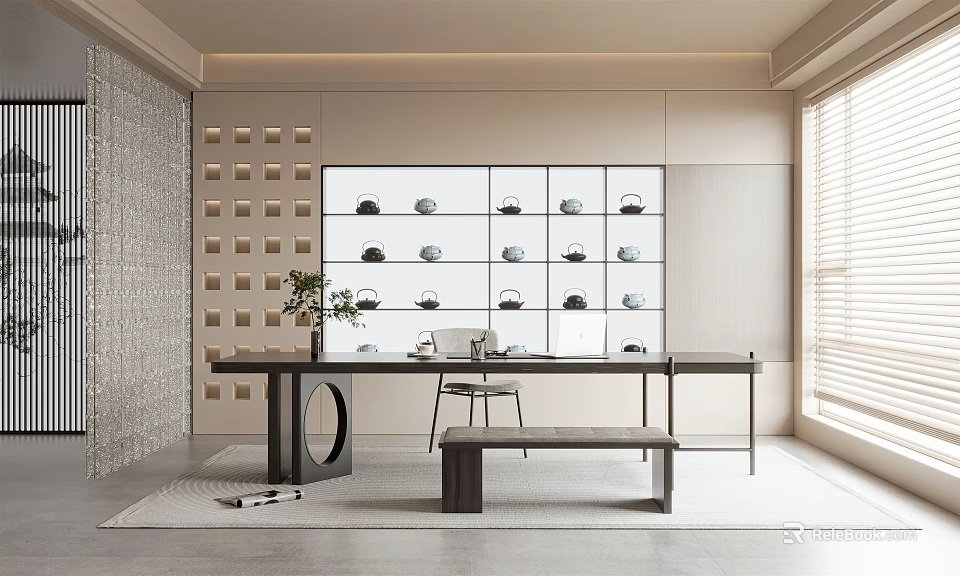 Modern Study Room Interior With Wooden Desk Display Shelf Decorative Bowls Chair Bench And Window 3d model 