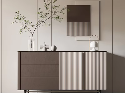 Modern Minimalist Console Cabinet With Drawer Door Design Decorative Vase Branches Mirror And Lamp 3d model