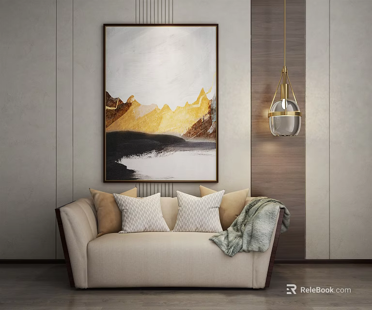 Beige Multi Seater Sofa With Throw Pillows Cozy Blanket Abstract Mountain Painting Modern Pendant Light 3d model 
