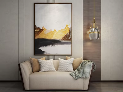 Beige Multi Seater Sofa With Throw Pillows Cozy Blanket Abstract Mountain Painting Modern Pendant Light 3d model