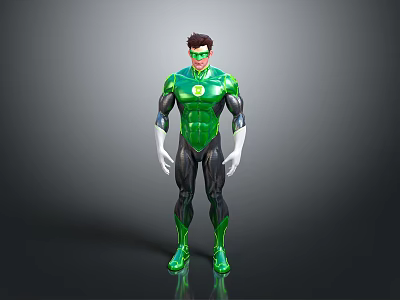Humanoid Superhero Character in Green Black Suit with Chest Emblem Standing on Gray Background 3d model
