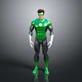 Humanoid Superhero Character in Green Black Suit with Chest Emblem Standing on Gray Background