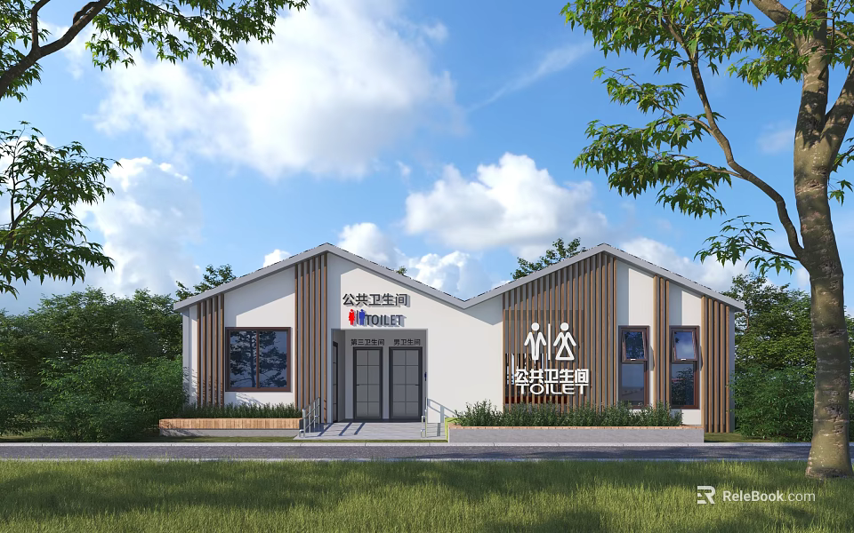 Modern Stylish Outdoor Public Toilet Building With Minimalist Elegant Exterior Surrounded By Lush Natural Greenery 3d model 