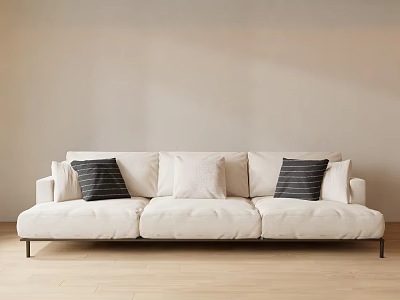 Modern Three Seater Cream Sofa with Striped and Plain Cushions in Light Brown Room Setting 3d model